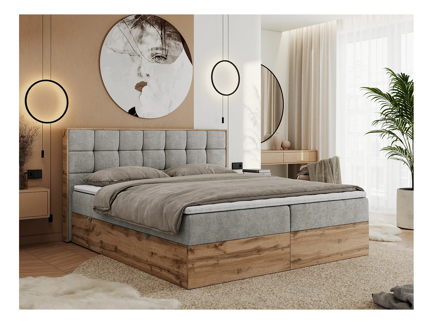 Boxspringbett ALBERO 1, Polsterbett mit gestepptem Kopfteil, Multipocket-Matratze - 120x200 cm - H3 - Hellgrau Strukture