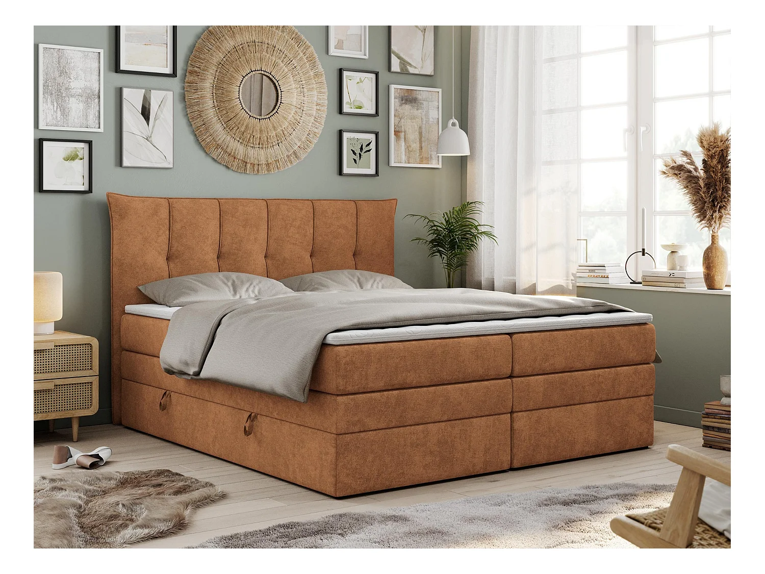 Boxspringbett PREMIUM 10 KING, Doppelbett mit Stauraum, gesteppte Kopfstütze, Multipocket-Matratze - 140x200 cm - H3 - Orange Strukture