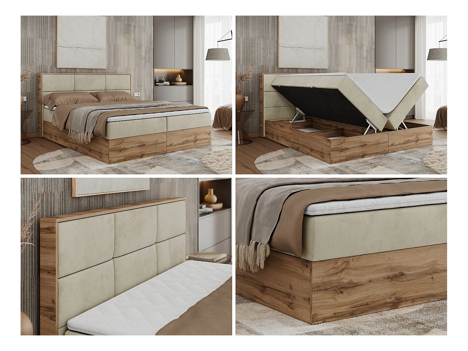Boxspringbett ALBERO 2 mit Topper und Multipocket-Matratze, Stauraum, Holzrahmen - 140x200 cm - H3 - Beige Velvet