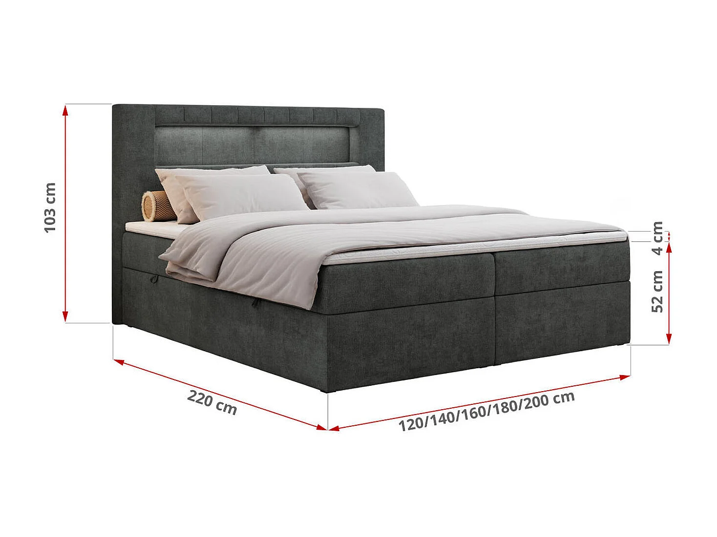 Boxspringbett GOLD 5 mit Multipocket-Matratze und LED, zwei Bettkästen - 120x200 cm - H4 - Dunkelgrau Strukture