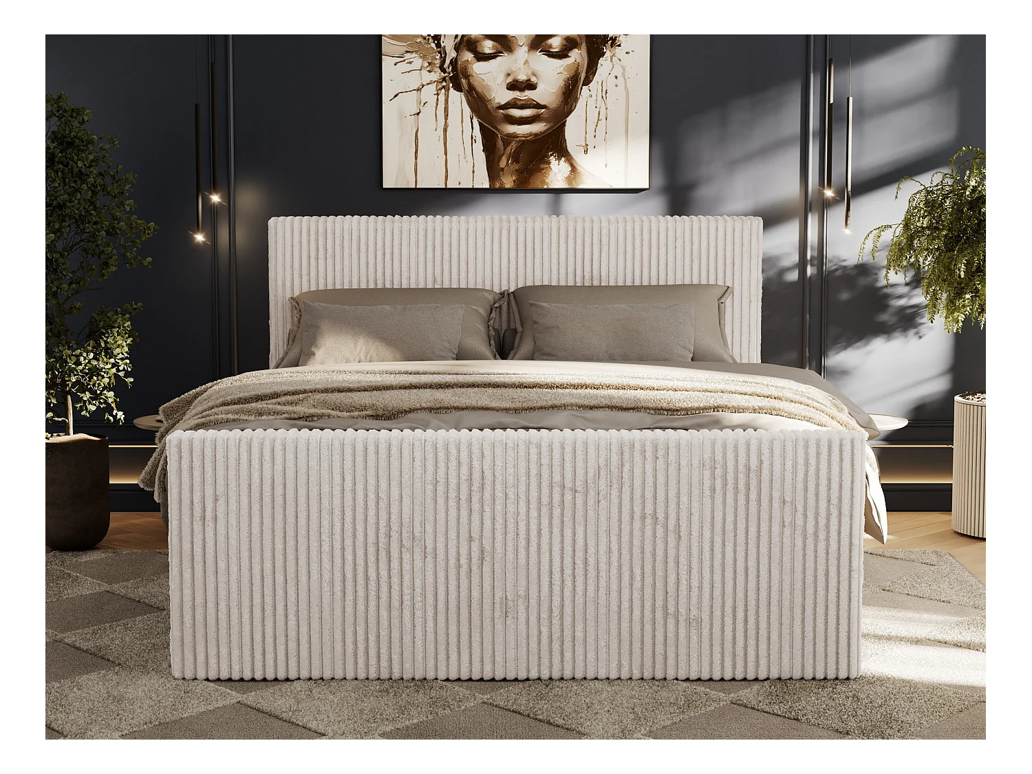 Boxspringbett TILIANO DUO mit gepolstertem Fußteil, Cord Bett, Multipocket-Matratze - 200x200 cm - H3 - Beige Cord