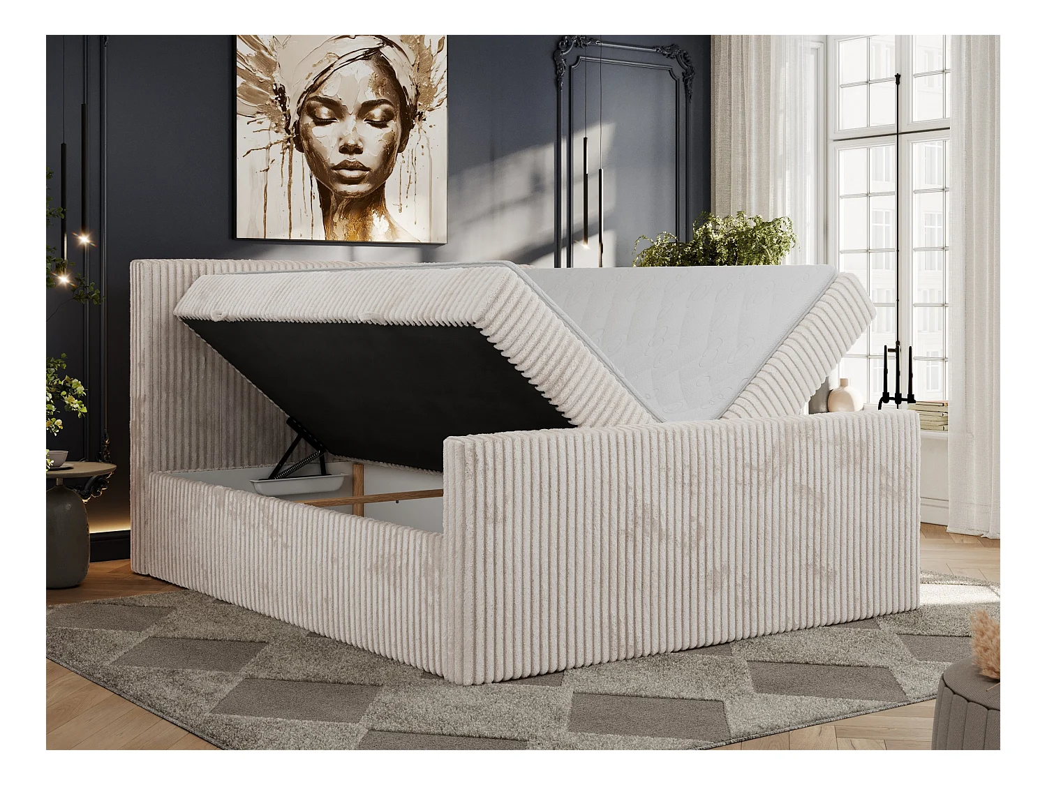 Boxspringbett TILIANO DUO mit gepolstertem Fußteil, Cord Bett, Multipocket-Matratze - 200x200 cm - H3 - Beige Cord