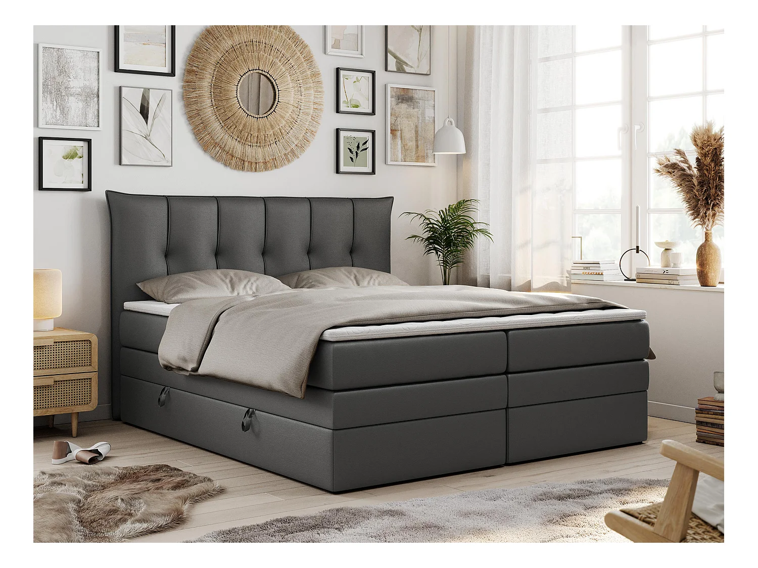 Boxspringbett PREMIUM 10 KING, Doppelbett mit Stauraum, gesteppte Kopfstütze, Multipocket-Matratze - 120x200 cm - H3 - Dunkelgrau Kunstleder
