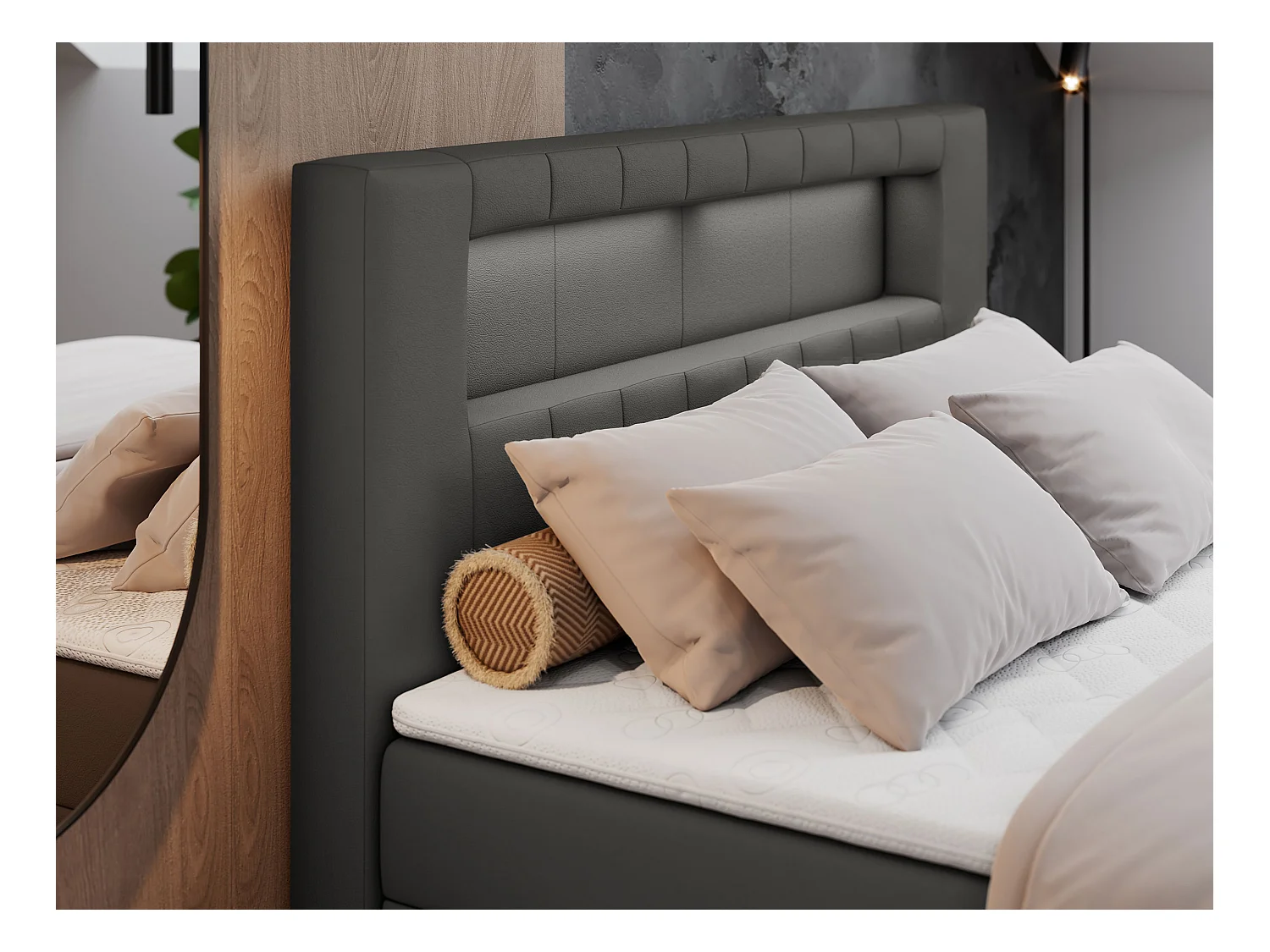 Boxspringbett GOLD 5 mit Multipocket-Matratze und LED, zwei Bettkästen - 160x200 cm - H4 - Dunkelgrau Kunstleder
