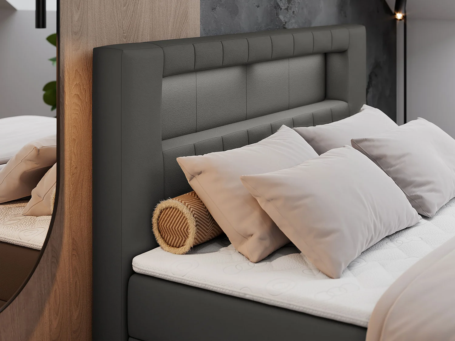 Boxspringbett GOLD 5 mit Multipocket-Matratze und LED, zwei Bettkästen - 160x200 cm - H4 - Dunkelgrau Kunstleder