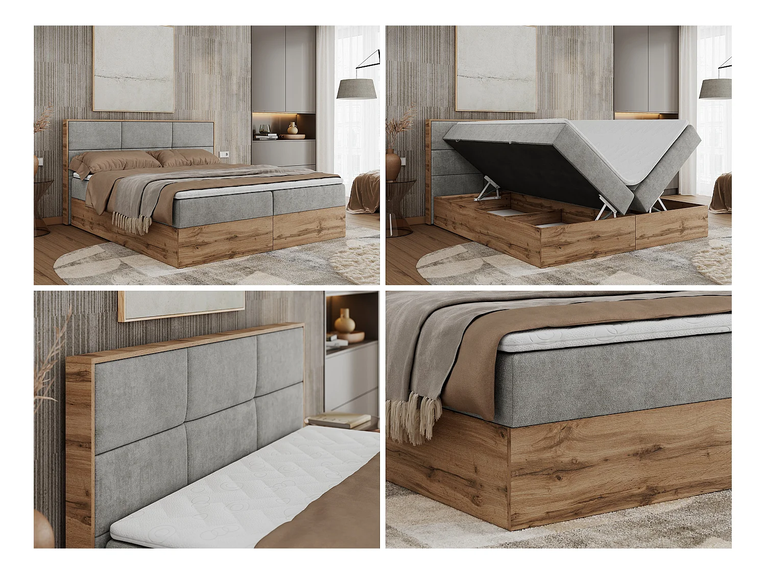Boxspringbett ALBERO 2 mit Topper und Multipocket-Matratze, Stauraum, Holzrahmen - 140x200 cm - H3 - Hellgrau Strukture