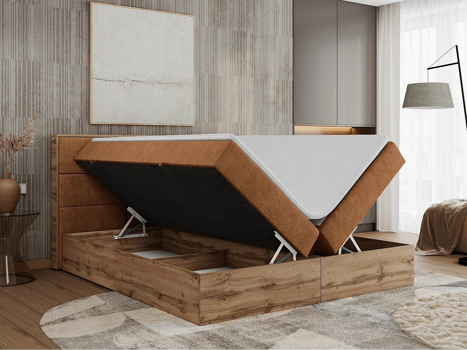 Boxspringbett ALBERO 2 mit Topper und Multipocket-Matratze, Stauraum, Holzrahmen - 120x200 cm - H3 - Orange Strukture