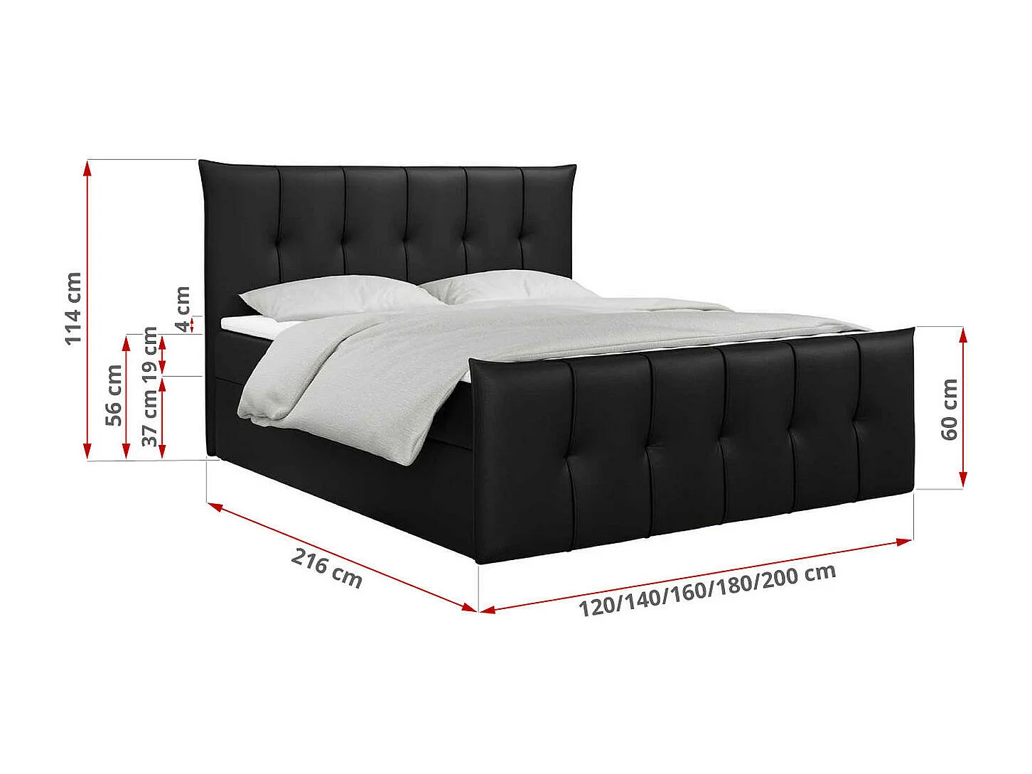 Boxspringbett PREMIUM 11 mit Stauraum, gestepptem Kopfteil, Multipocket-Matratze und Topper - 140x200 cm - H4 - Schwarz Kunstleder