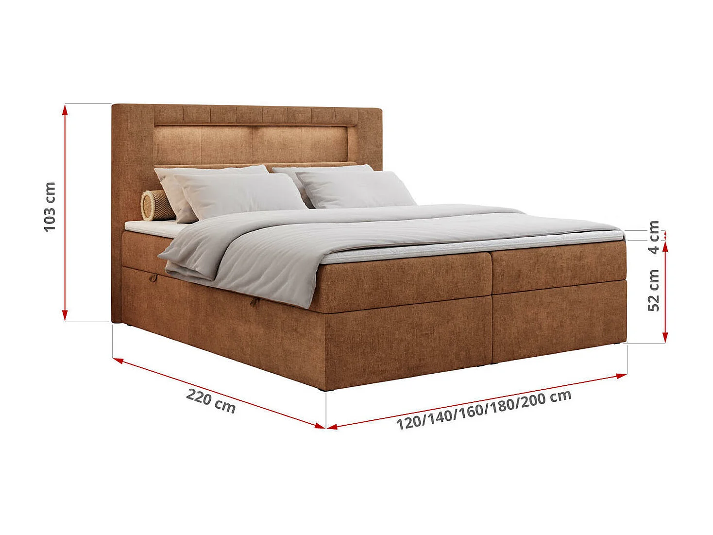 Boxspringbett GOLD 5 mit Multipocket-Matratze und LED, zwei Bettkästen - 140x200 cm - H4 - Orange Strukture