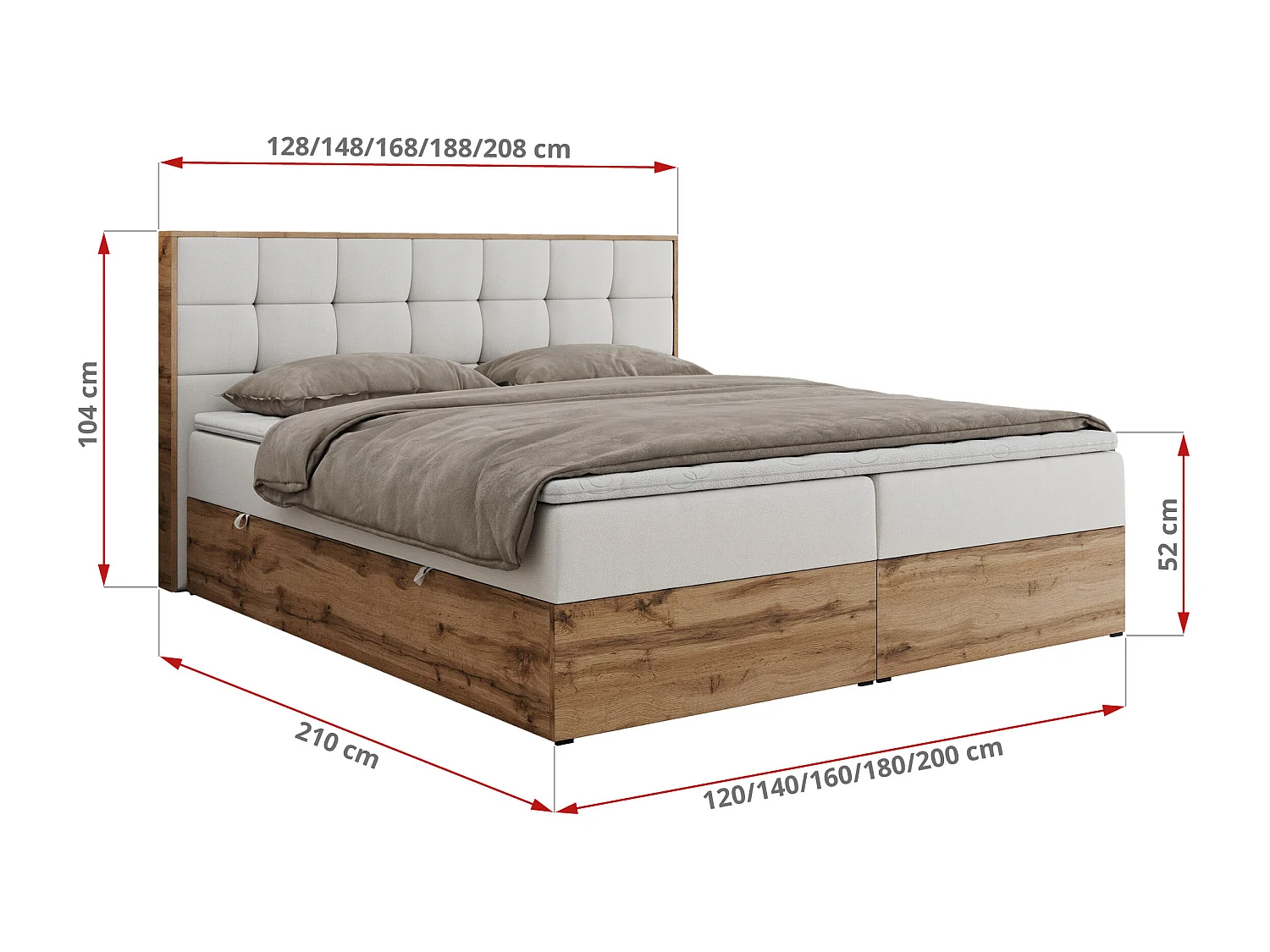 Boxspringbett ALBERO 1, Polsterbett mit gestepptem Kopfteil, Multipocket-Matratze - 140x200 cm - H3 - Weiß Kunstleder