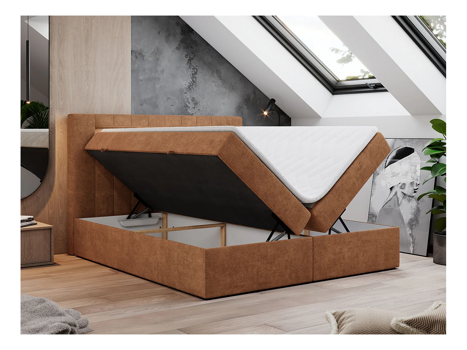 Boxspringbett GOLD 5 mit Multipocket-Matratze und LED, zwei Bettkästen - 160x200 cm - H4 - Orange Strukture