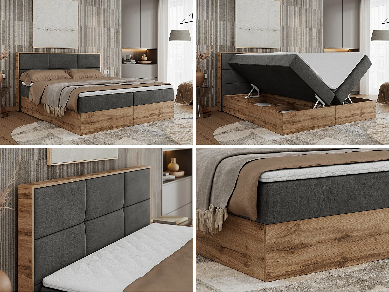 Boxspringbett ALBERO 2 mit Topper und Multipocket-Matratze, Stauraum, Holzrahmen - 120x200 cm - H3 - Dunkelgrau Velvet