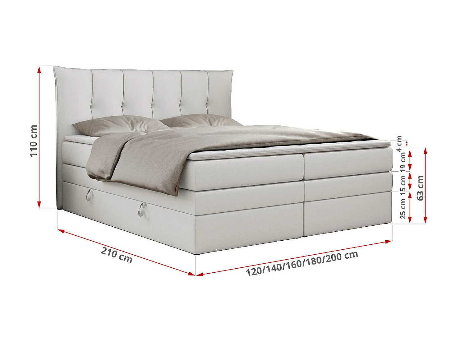 Boxspringbett PREMIUM 10 KING, Doppelbett mit Stauraum, gesteppte Kopfstütze, Multipocket-Matratze - 140x200 cm - H3 - Weiß Kunstleder