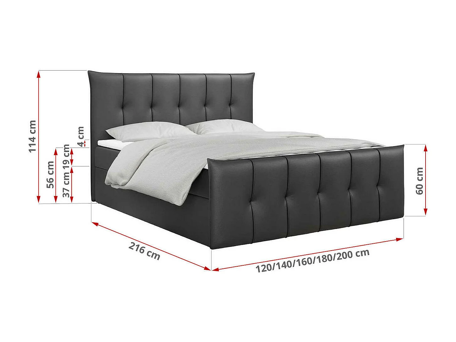 Boxspringbett PREMIUM 11 mit Stauraum, gestepptem Kopfteil, Multipocket-Matratze und Topper - 200x200 cm - H4 - Dunkelgrau Kunstleder