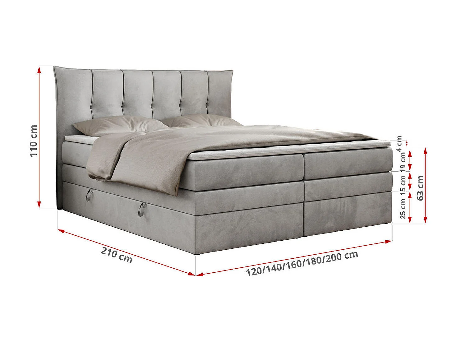 Boxspringbett PREMIUM 10 KING, Doppelbett mit Stauraum, gesteppte Kopfstütze, Multipocket-Matratze - 180x200 cm - H3 - Hellgrau Velvet