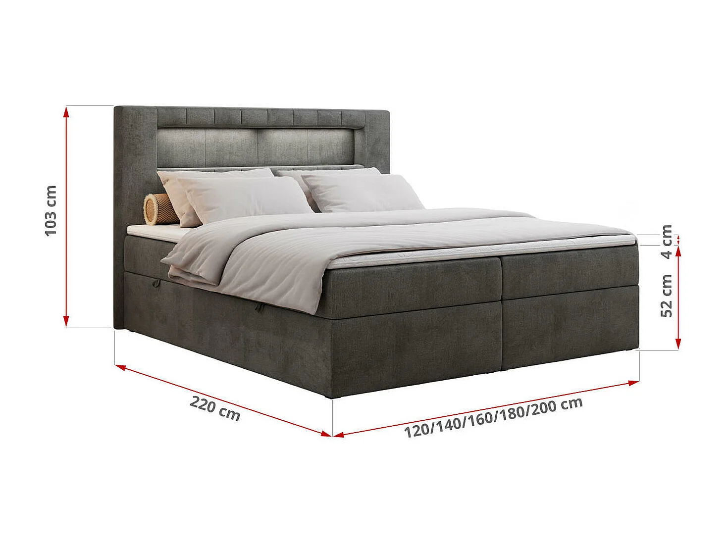 Boxspringbett GOLD 5 mit Multipocket-Matratze und LED, zwei Bettkästen - 200x200 cm - H4 - Dunkelgrau Velvet