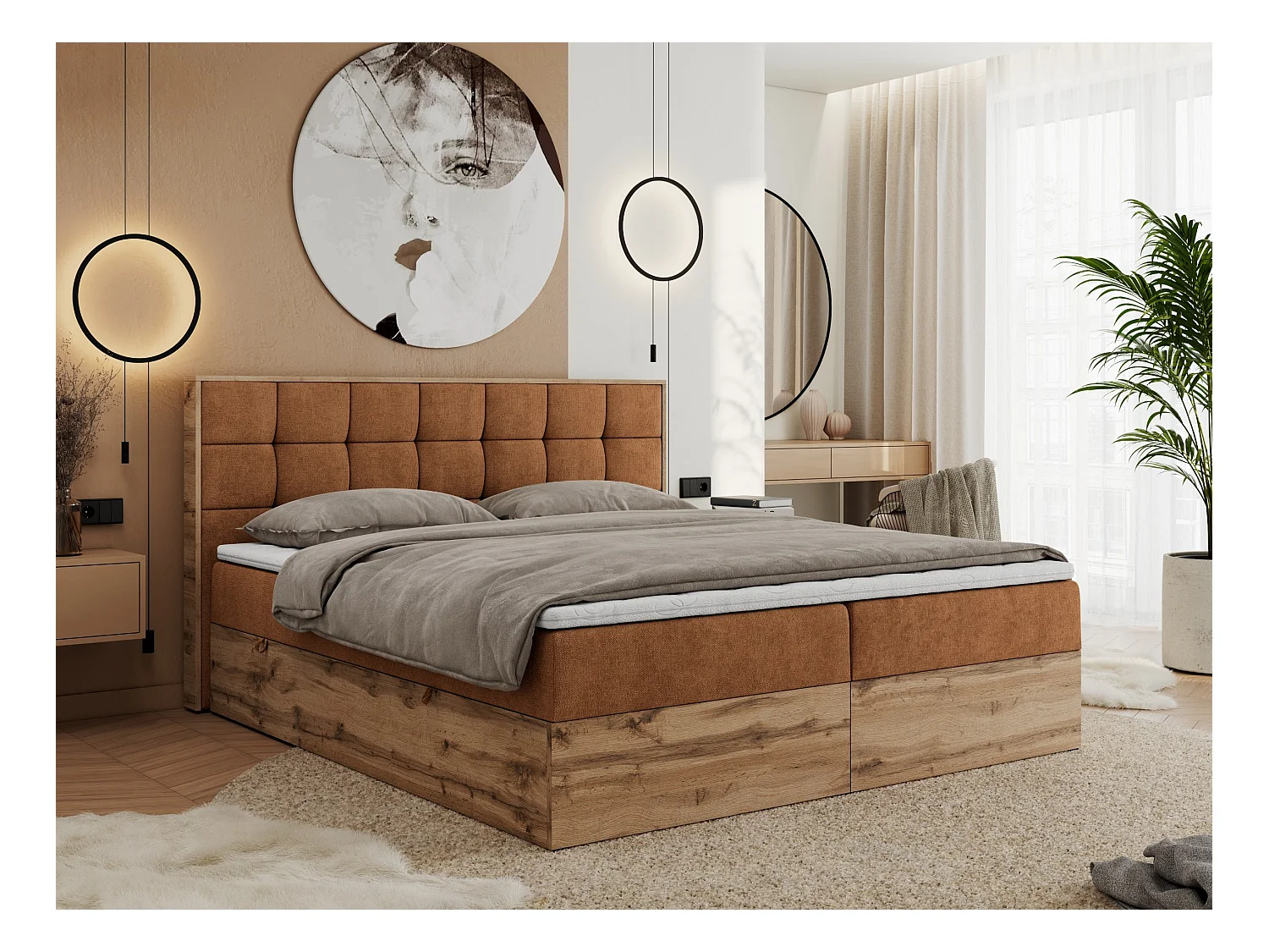 Boxspringbett ALBERO 1, Polsterbett mit gestepptem Kopfteil, Multipocket-Matratze - 180x200 cm - H3 - Orange Strukture