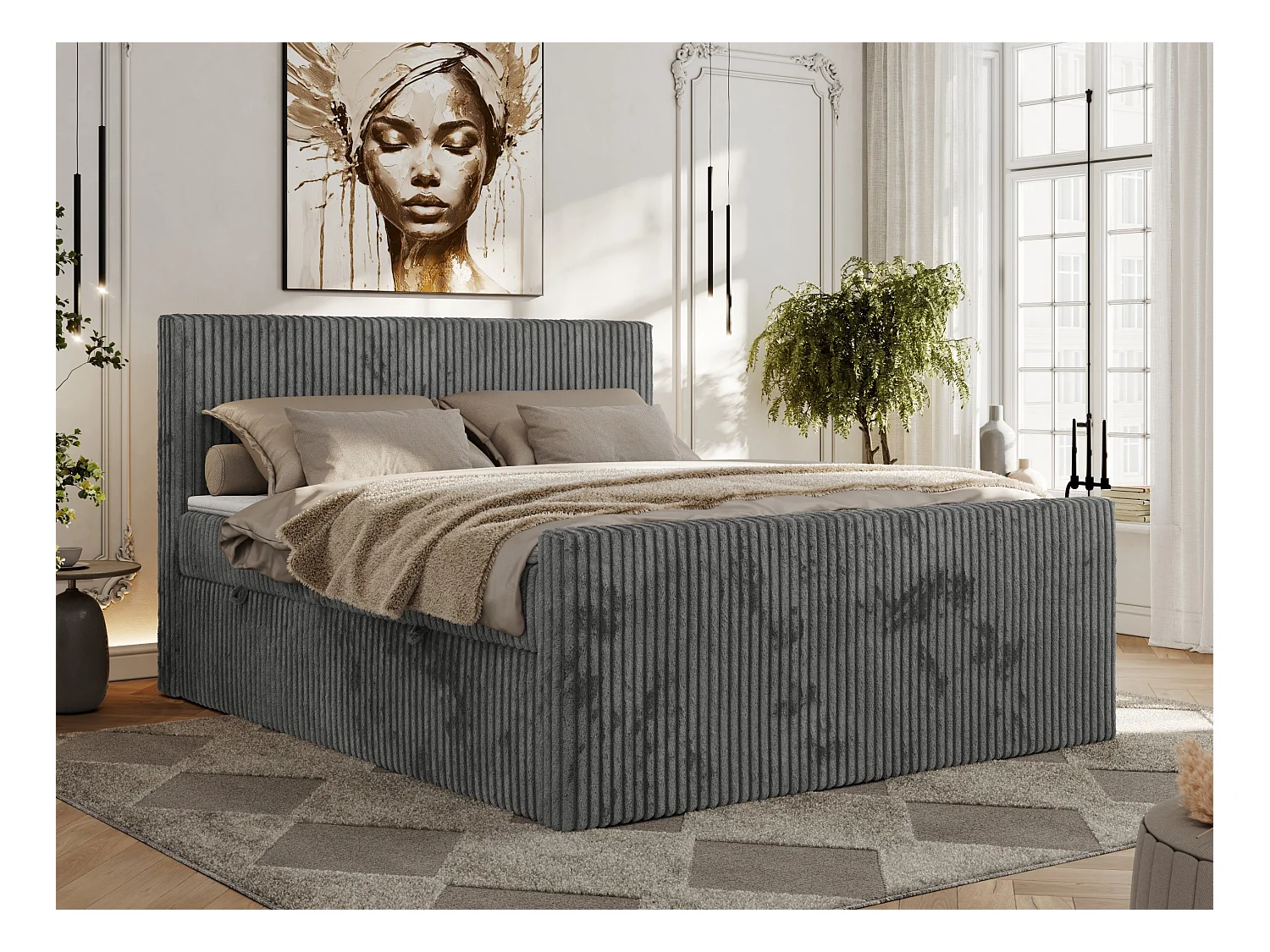 Boxspringbett TILIANO DUO mit gepolstertem Fußteil, Cord Bett, Multipocket-Matratze - 140x200 cm - H3 - Grau Cord