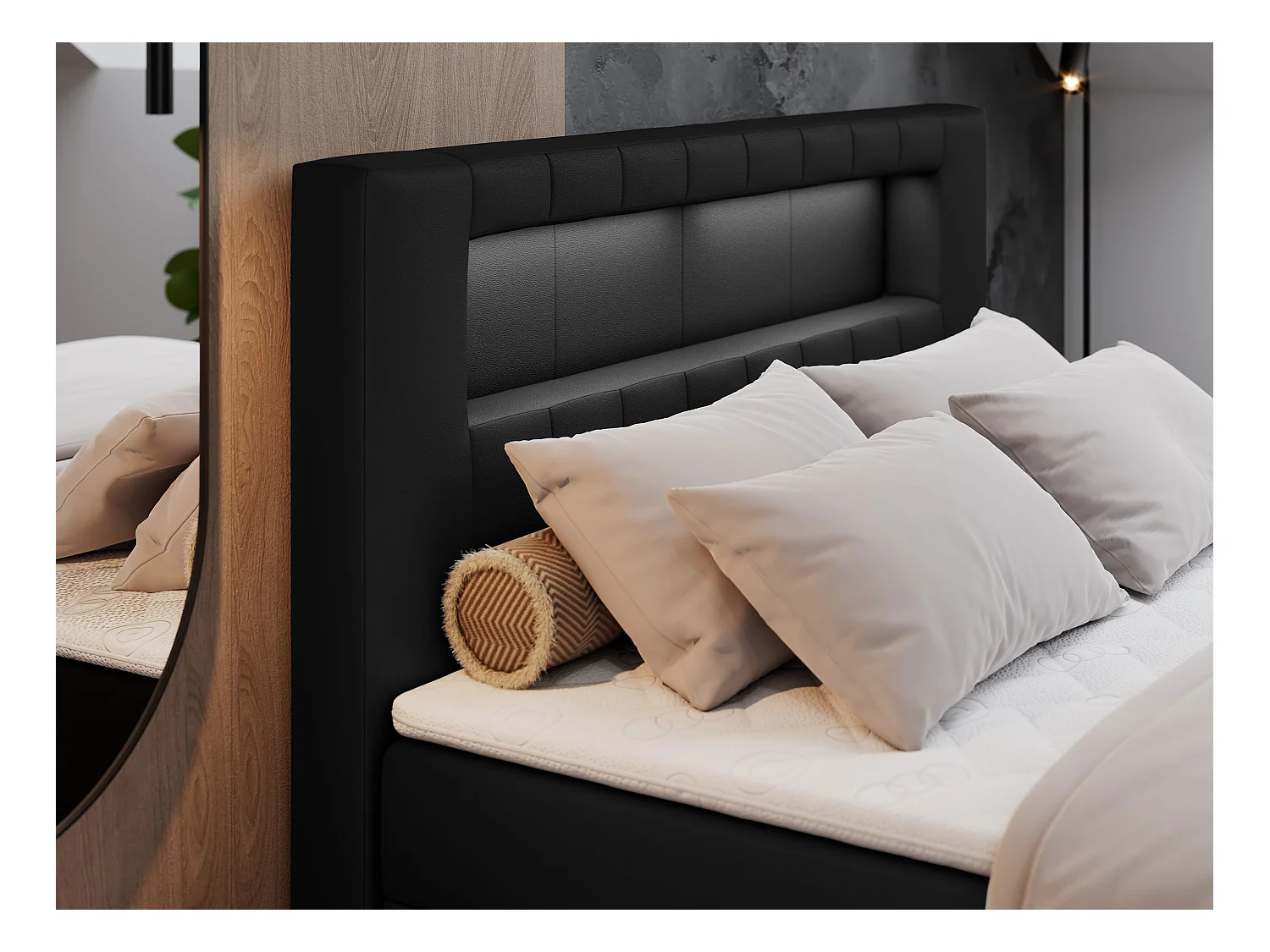 Boxspringbett GOLD 5 mit Multipocket-Matratze und LED, zwei Bettkästen - 180x200 cm - H4 - Schwarz Kunstleder