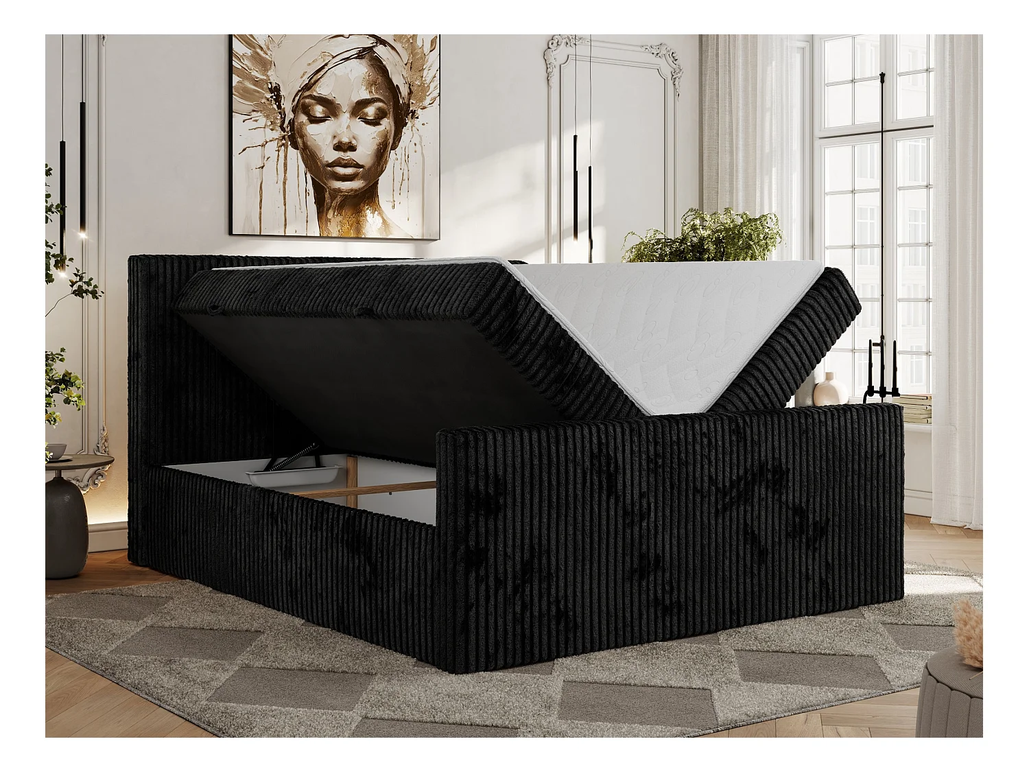 Boxspringbett TILIANO DUO mit gepolstertem Fußteil, Cord Bett, Multipocket-Matratze - 200x200 cm - H3 - Schwarz Cord