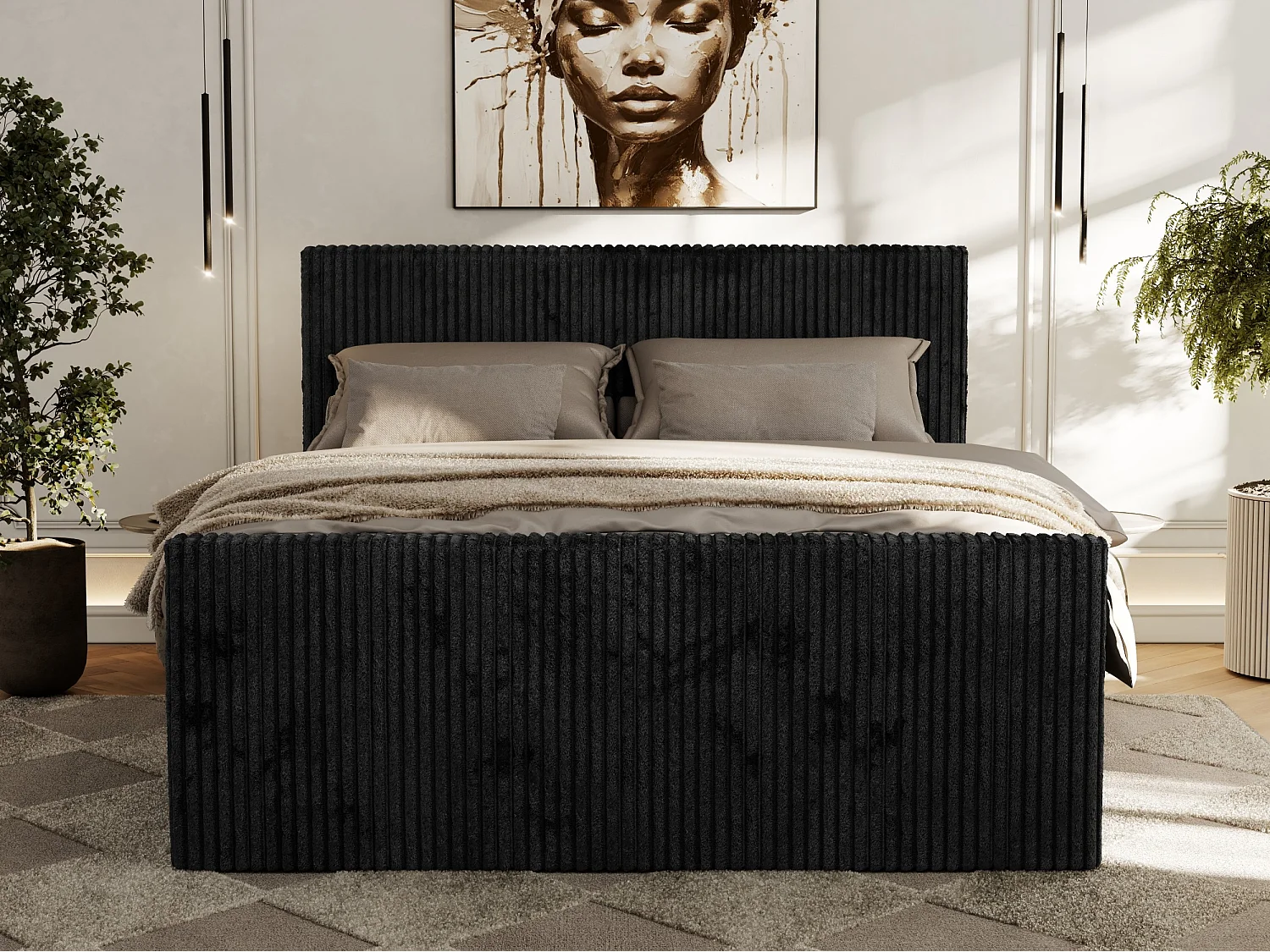 Boxspringbett TILIANO DUO mit gepolstertem Fußteil, Cord Bett, Multipocket-Matratze - 200x200 cm - H3 - Schwarz Cord