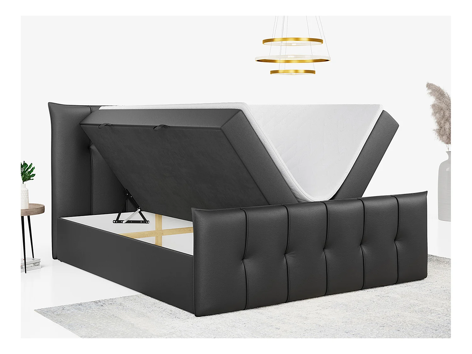 Boxspringbett PREMIUM 11 mit Stauraum, gestepptem Kopfteil, Multipocket-Matratze und Topper - 180x200 cm - H4 - Dunkelgrau Kunstleder