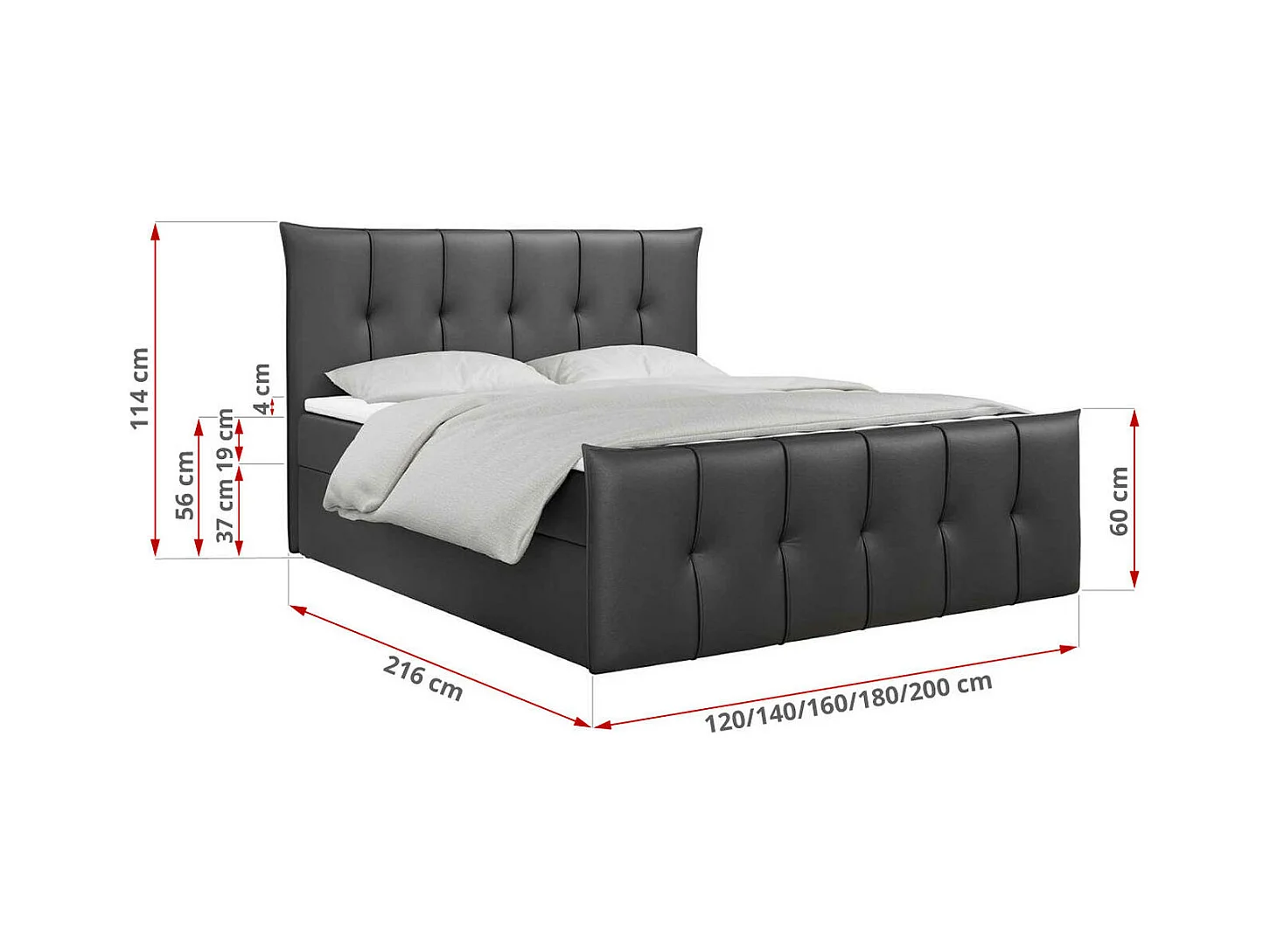 Boxspringbett PREMIUM 11 mit Stauraum, gestepptem Kopfteil, Multipocket-Matratze und Topper - 180x200 cm - H4 - Dunkelgrau Kunstleder