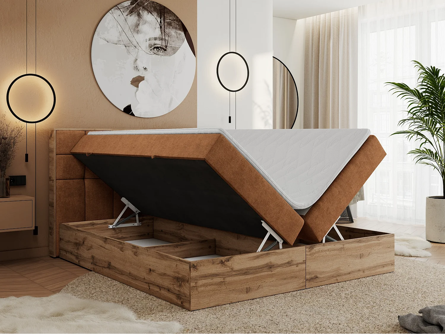 Boxspringbett ALBERO 1, Polsterbett mit gestepptem Kopfteil, Multipocket-Matratze - 160x200 cm - H3 - Orange Strukture