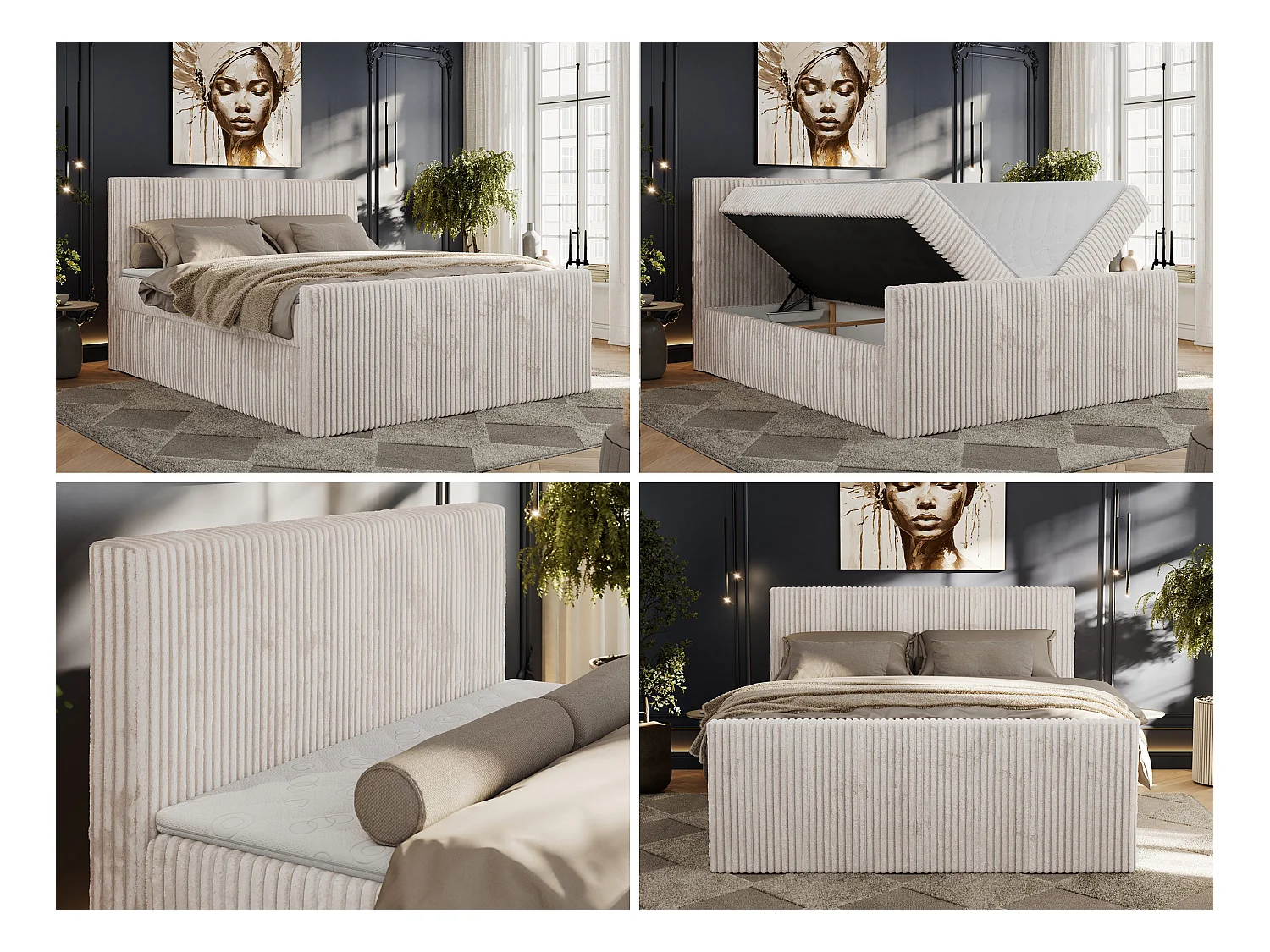 Boxspringbett TILIANO DUO mit gepolstertem Fußteil, Cord Bett, Multipocket-Matratze - 160x200 cm - H3 - Beige Cord