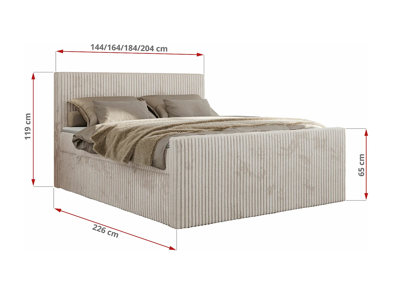 Boxspringbett TILIANO DUO mit gepolstertem Fußteil, Cord Bett, Multipocket-Matratze - 160x200 cm - H3 - Beige Cord