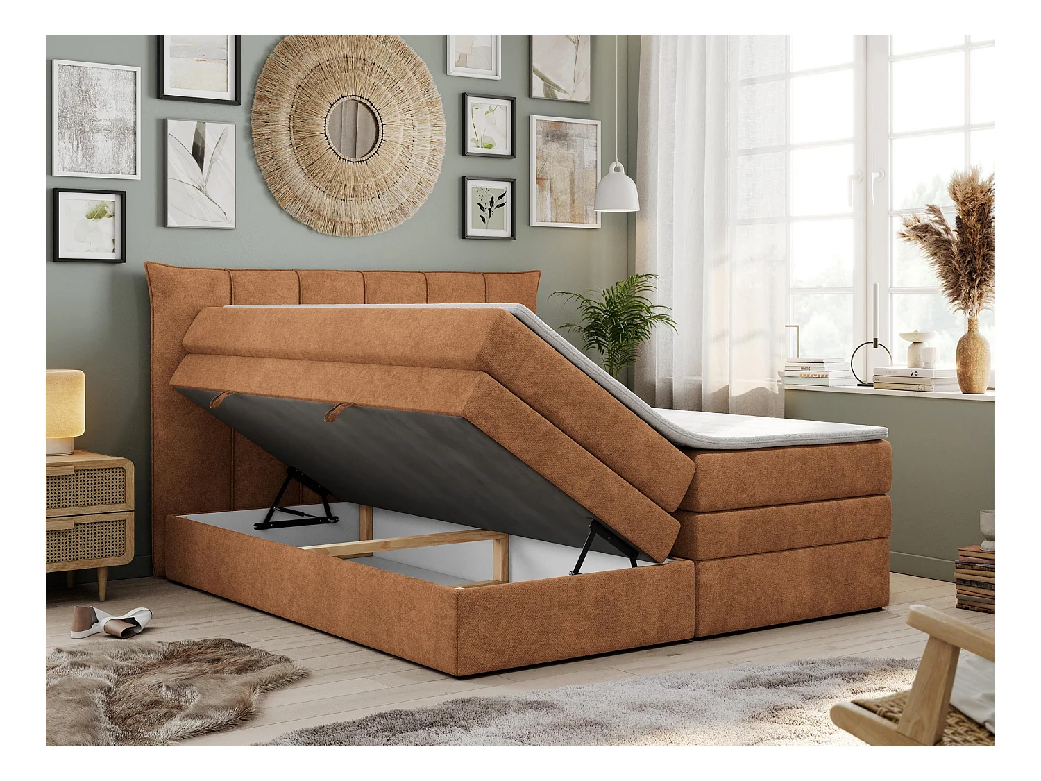 Boxspringbett PREMIUM 10 KING, Doppelbett mit Stauraum, gesteppte Kopfstütze, Multipocket-Matratze - 180x200 cm - H3 - Orange Strukture