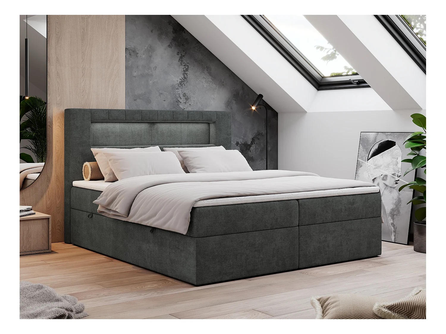 Boxspringbett GOLD 5 mit Multipocket-Matratze und LED, zwei Bettkästen - 140x200 cm - H4 - Dunkelgrau Strukture