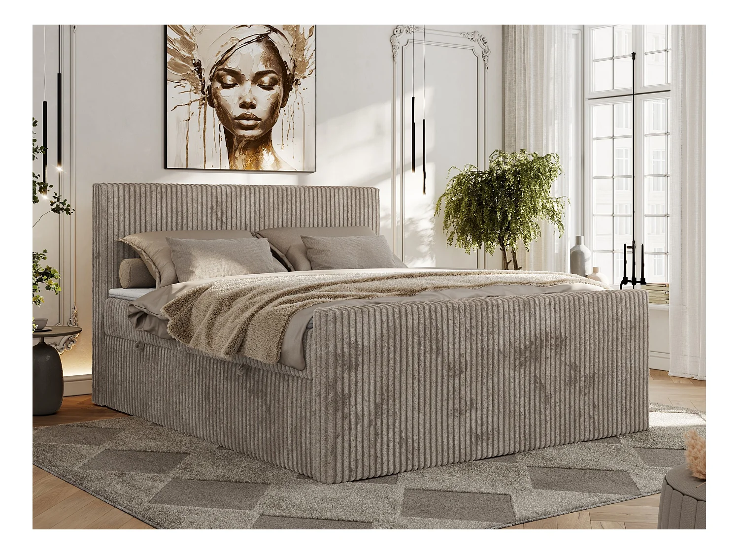 Boxspringbett TILIANO DUO mit gepolstertem Fußteil, Cord Bett, Multipocket-Matratze - 140x200 cm - H3 - Hellbraun Cord