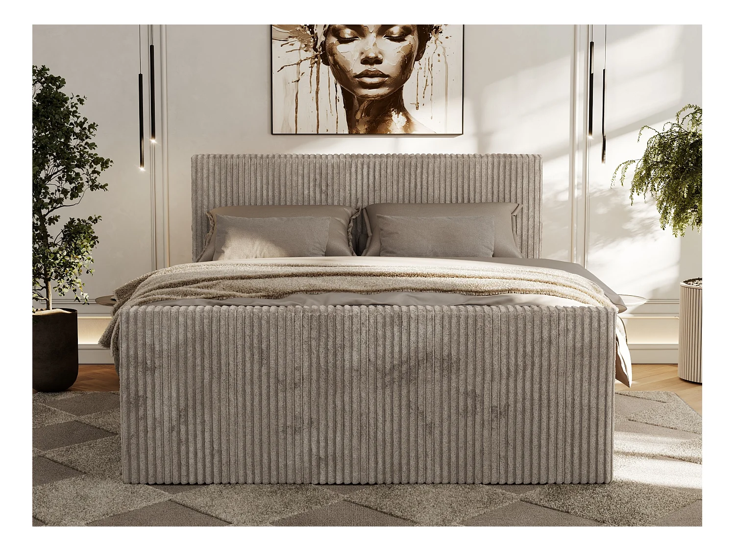 Boxspringbett TILIANO DUO mit gepolstertem Fußteil, Cord Bett, Multipocket-Matratze - 140x200 cm - H3 - Hellbraun Cord