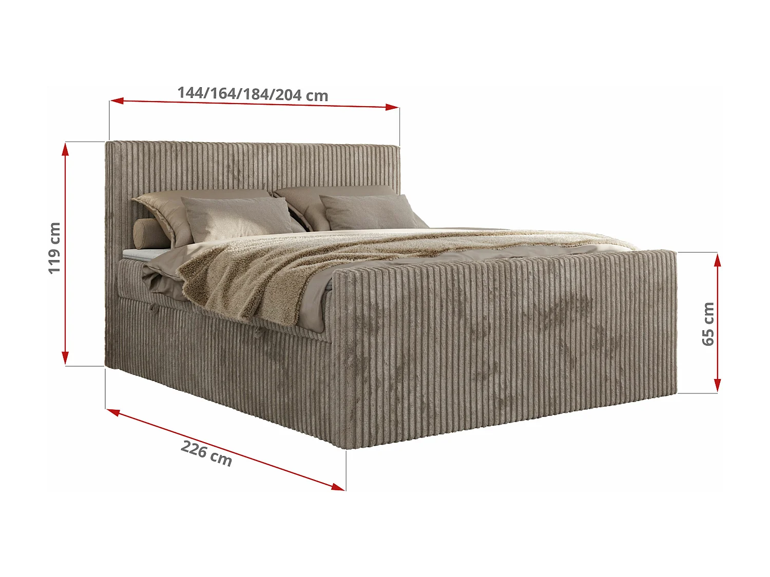 Boxspringbett TILIANO DUO mit gepolstertem Fußteil, Cord Bett, Multipocket-Matratze - 140x200 cm - H3 - Hellbraun Cord