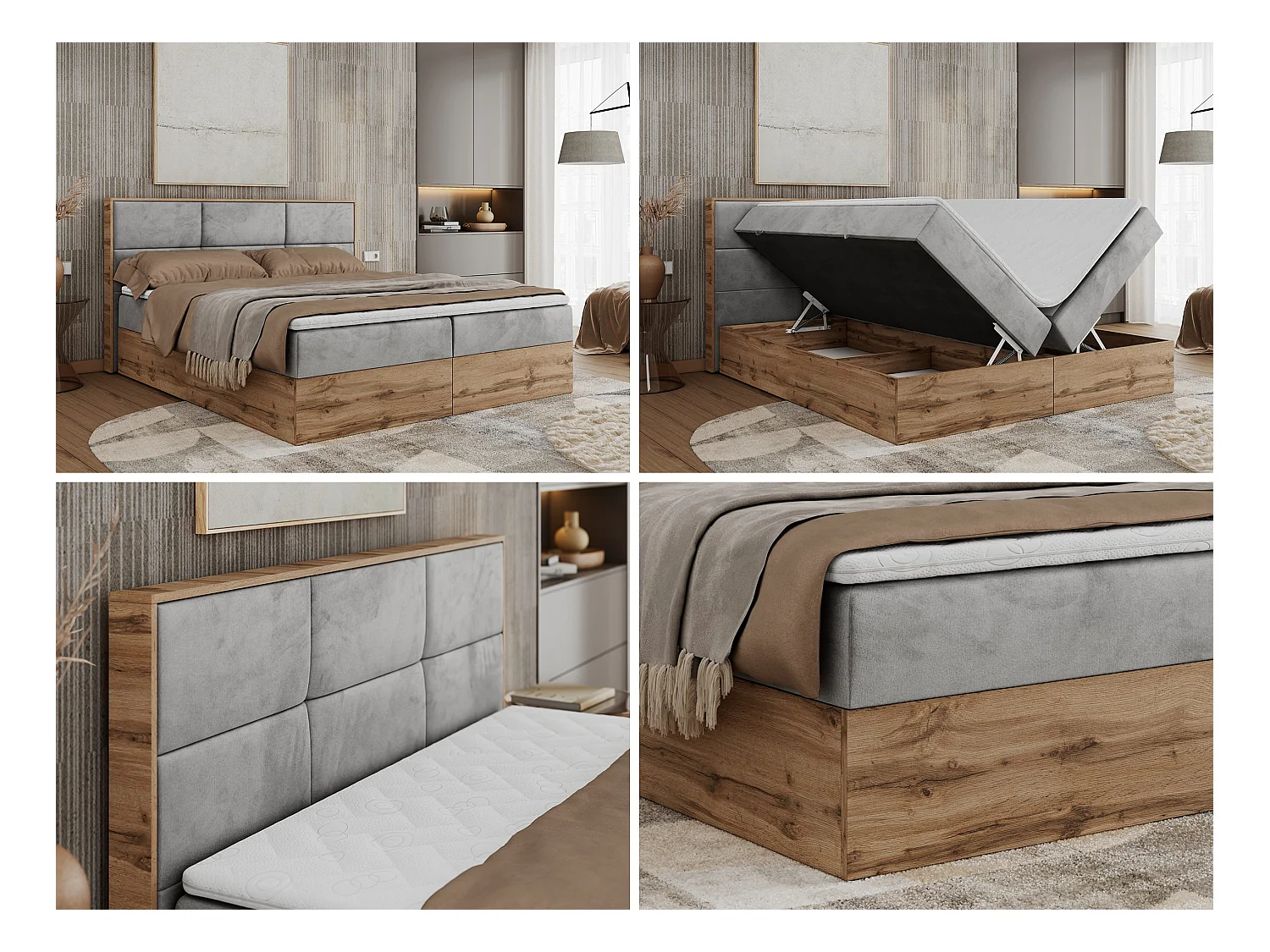 Boxspringbett ALBERO 2 mit Topper und Multipocket-Matratze, Stauraum, Holzrahmen - 120x200 cm - H3 - Hellgrau Velvet