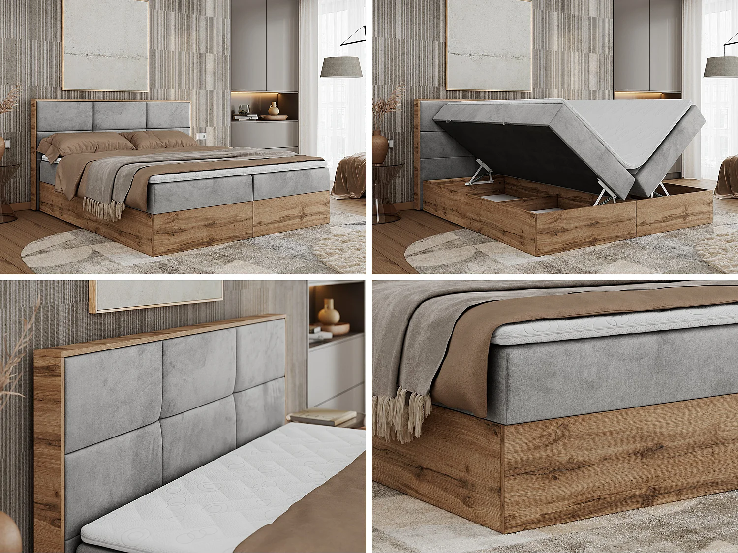 Boxspringbett ALBERO 2 mit Topper und Multipocket-Matratze, Stauraum, Holzrahmen - 120x200 cm - H3 - Hellgrau Velvet