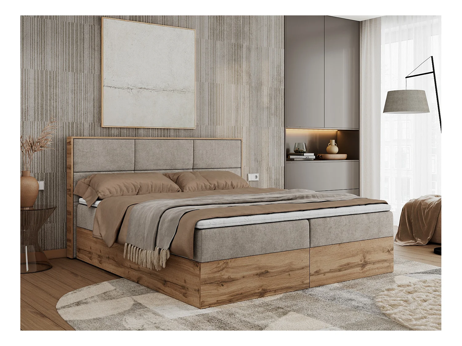 Boxspringbett ALBERO 2 mit Topper und Multipocket-Matratze, Stauraum, Holzrahmen - 140x200 cm - H3 - Beige Strukture