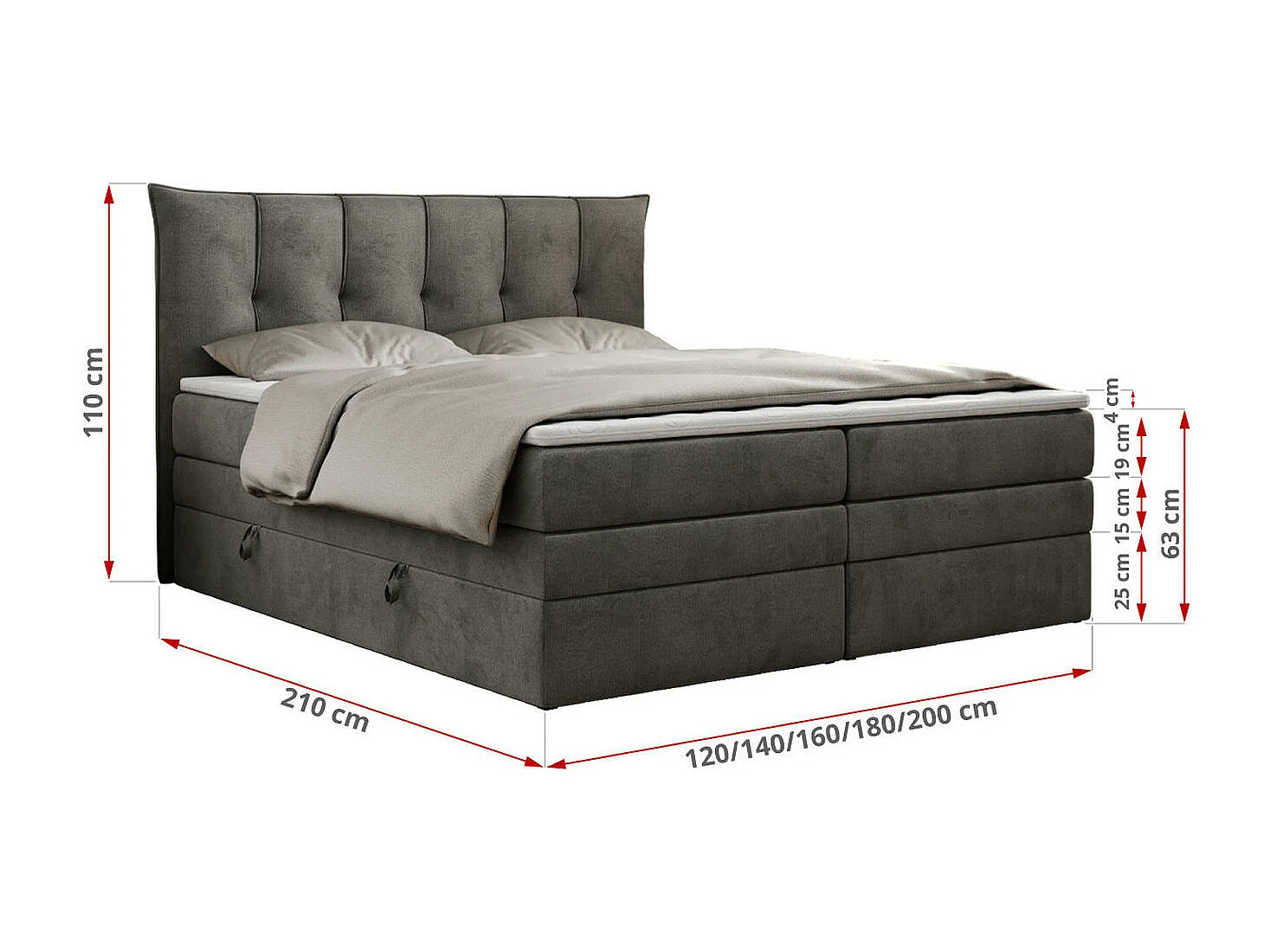 Boxspringbett PREMIUM 10 KING, Doppelbett mit Stauraum, gesteppte Kopfstütze, Multipocket-Matratze - 120x200 cm - H3 - Dunkelgrau Velvet