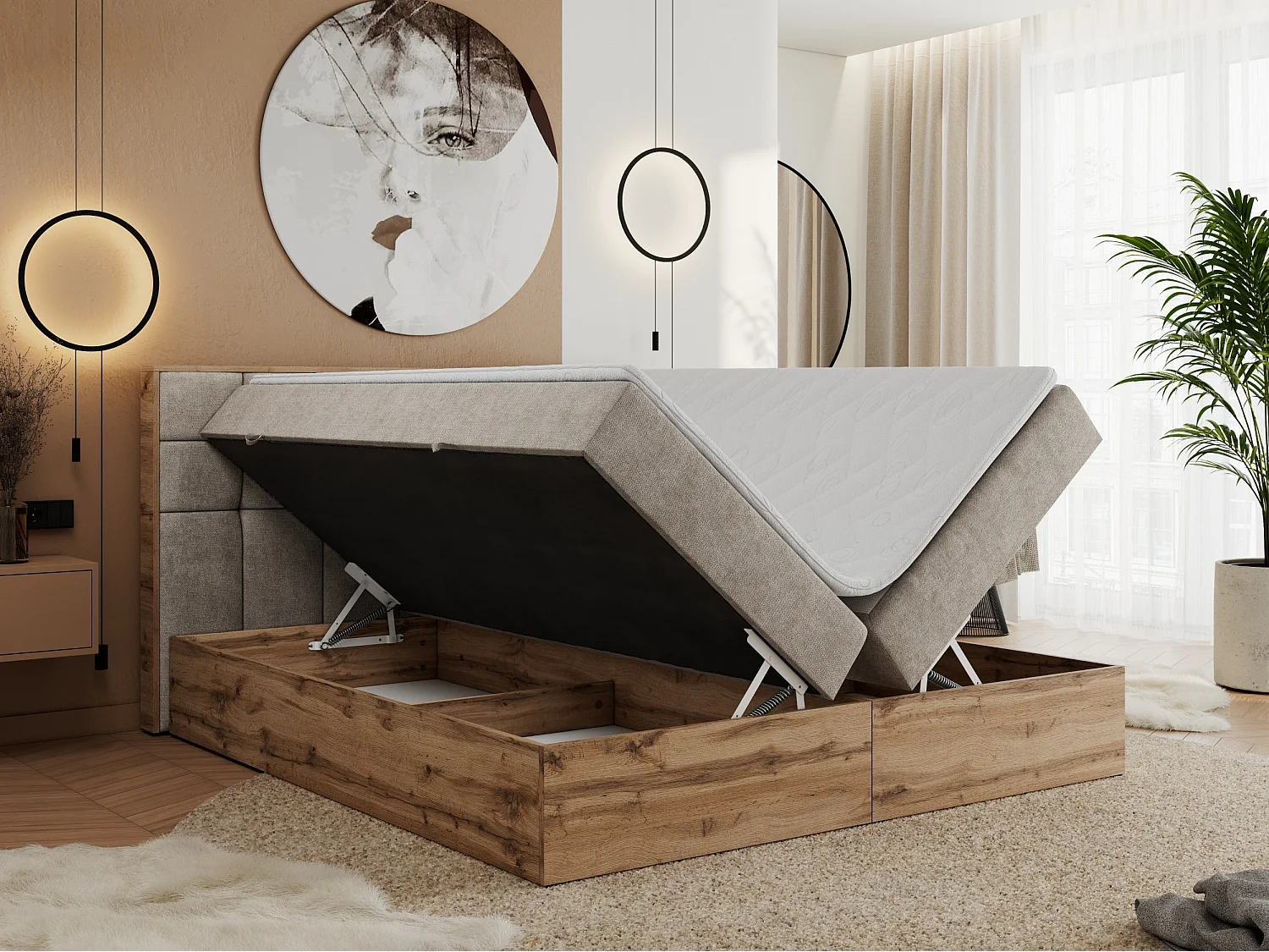 Boxspringbett ALBERO 1, Polsterbett mit gestepptem Kopfteil, Multipocket-Matratze - 140x200 cm - H3 - Beige Strukture