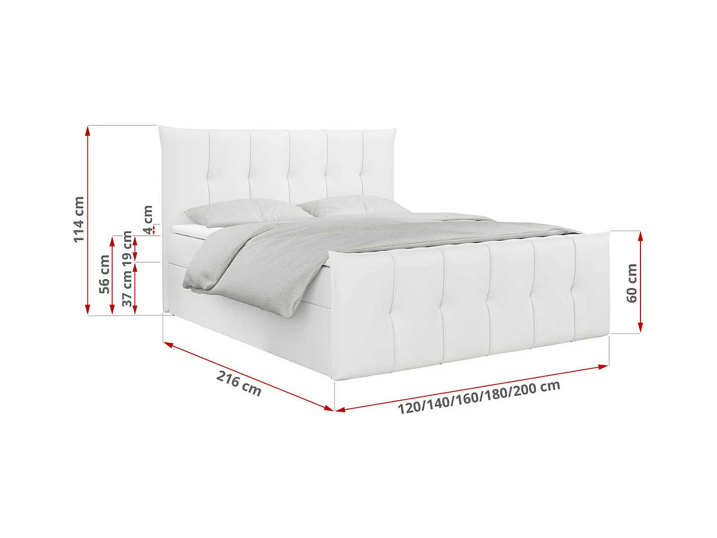 Boxspringbett PREMIUM 11 mit Stauraum, gestepptem Kopfteil, Multipocket-Matratze und Topper - 180x200 cm - H4 - Weiß Kunstleder