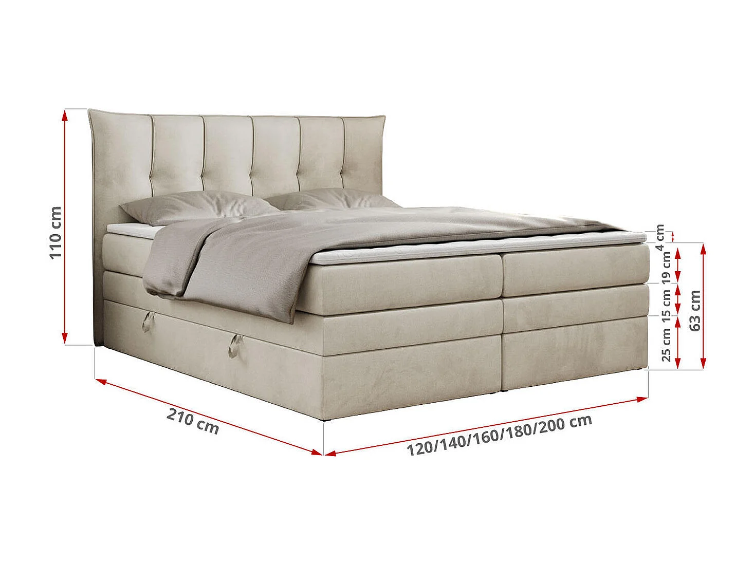 Boxspringbett PREMIUM 10 KING, Doppelbett mit Stauraum, gesteppte Kopfstütze, Multipocket-Matratze - 140x200 cm - H3 - Beige Velvet