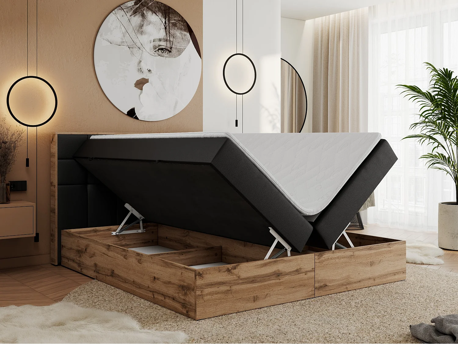 Boxspringbett ALBERO 1, Polsterbett mit gestepptem Kopfteil, Multipocket-Matratze - 200x200 cm - H3 - Schwarz Kunstleder