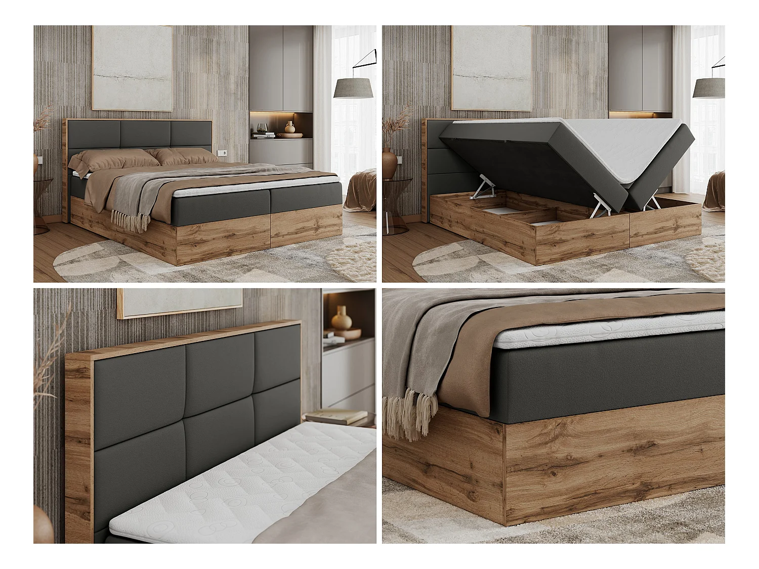 Boxspringbett ALBERO 2 mit Topper und Multipocket-Matratze, Stauraum, Holzrahmen - 120x200 cm - H3 - Dunkelgrau Kunstleder