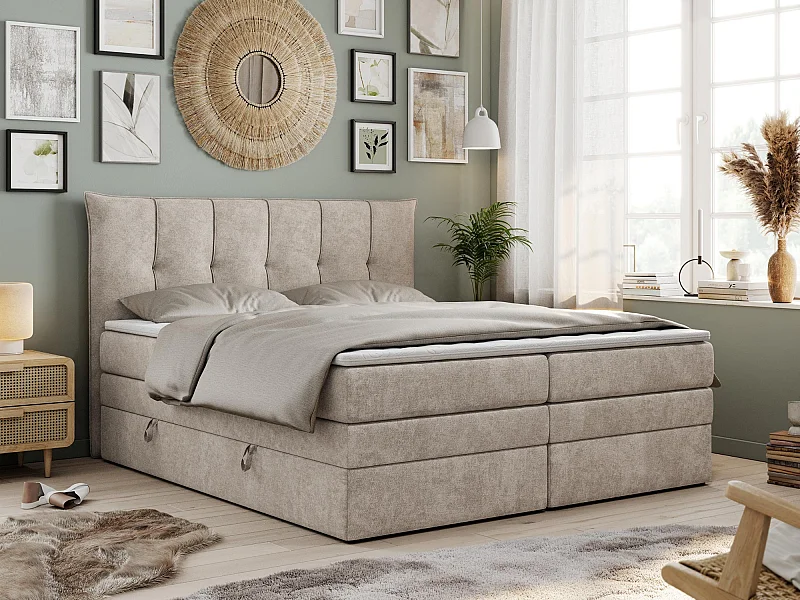 Boxspringbett PREMIUM 10 KING, Doppelbett mit Stauraum, gesteppte Kopfstütze, Multipocket-Matratze - 200x200 cm - H3 - Beige Strukture