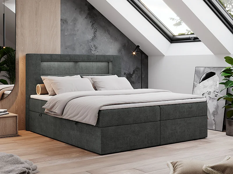 Boxspringbett GOLD 5 mit Multipocket-Matratze und LED, zwei Bettkästen - 180x200 cm - H4 - Dunkelgrau Strukture