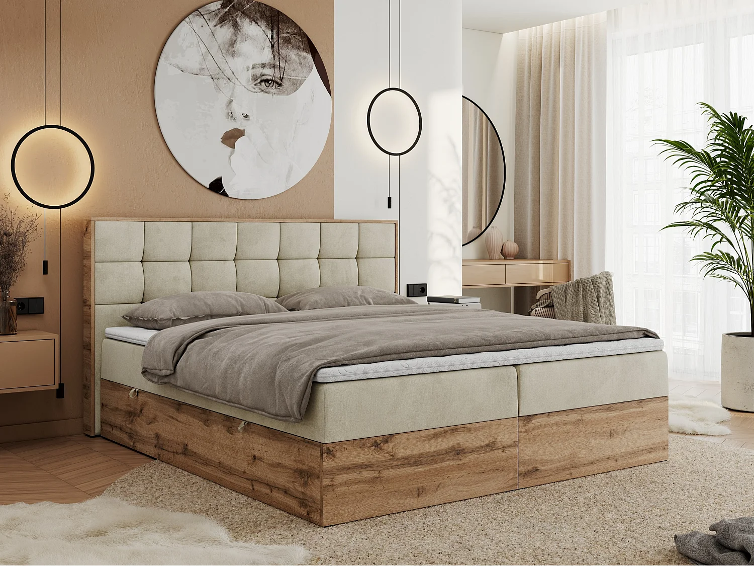 Boxspringbett ALBERO 1, Polsterbett mit gestepptem Kopfteil, Multipocket-Matratze - 160x200 cm - H3 - Beige Velvet