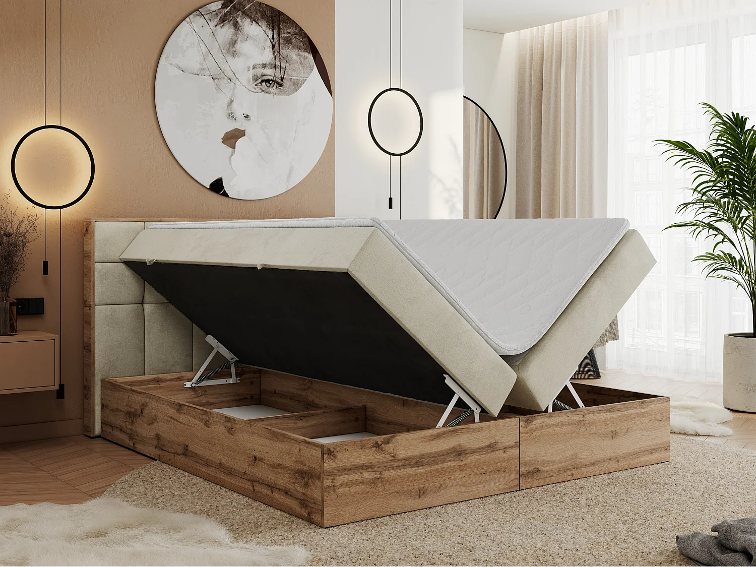 Boxspringbett ALBERO 1, Polsterbett mit gestepptem Kopfteil, Multipocket-Matratze - 160x200 cm - H3 - Beige Velvet