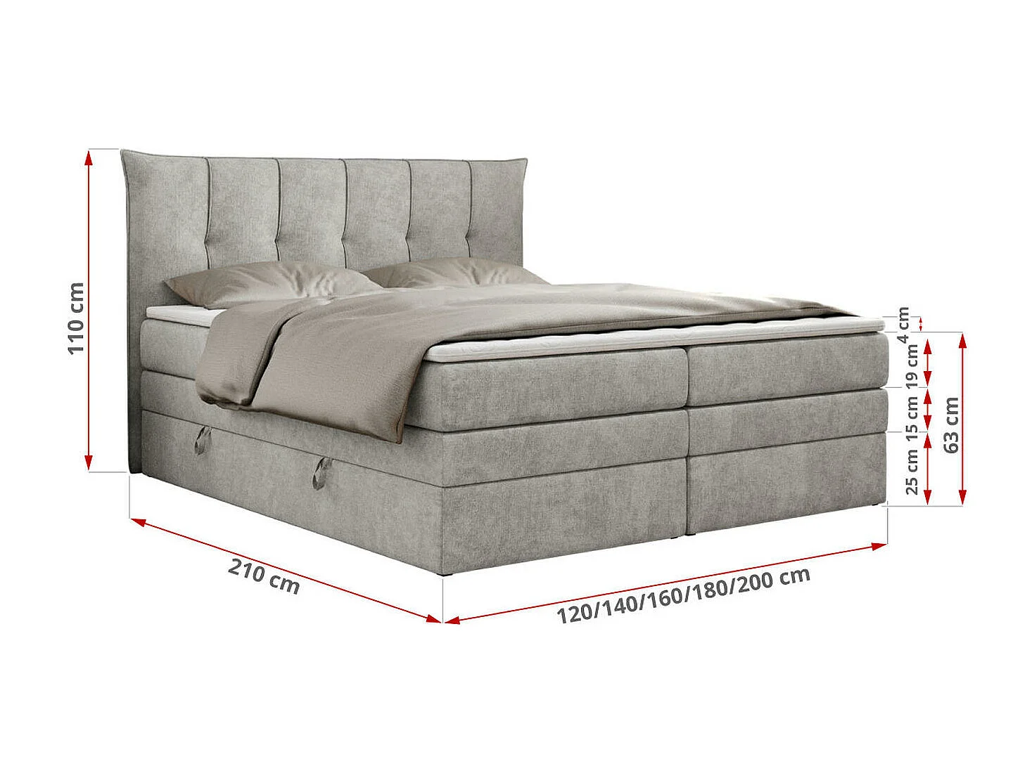 Boxspringbett PREMIUM 10 KING, Doppelbett mit Stauraum, gesteppte Kopfstütze, Multipocket-Matratze - 140x200 cm - H3 - Hellgrau Strukture