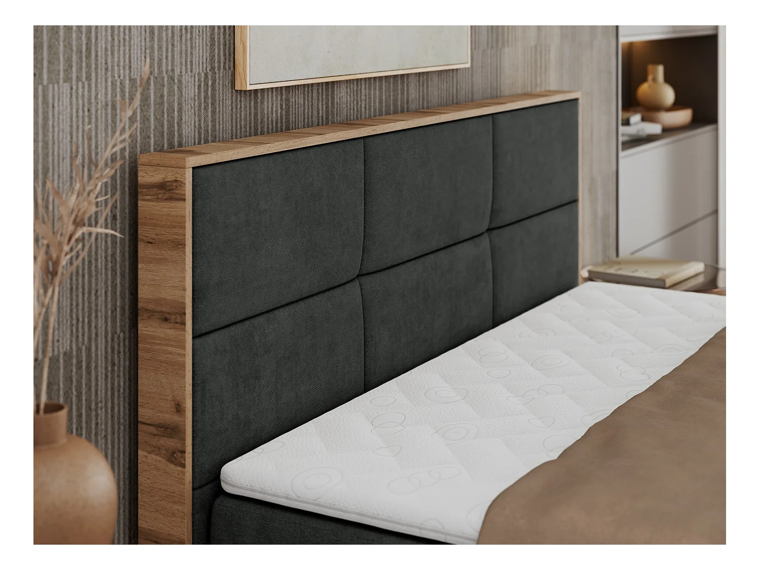 Boxspringbett ALBERO 2 mit Topper und Multipocket-Matratze, Stauraum, Holzrahmen - 140x200 cm - H3 - Dunkelgrau Strukture